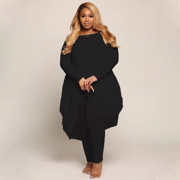 Solid Color Round Neck Long Sleeves Irregular Top And Pants Casual Two-Piece - Picture 3 of 15